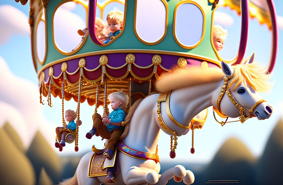 Children riding carousel horses under golden sky