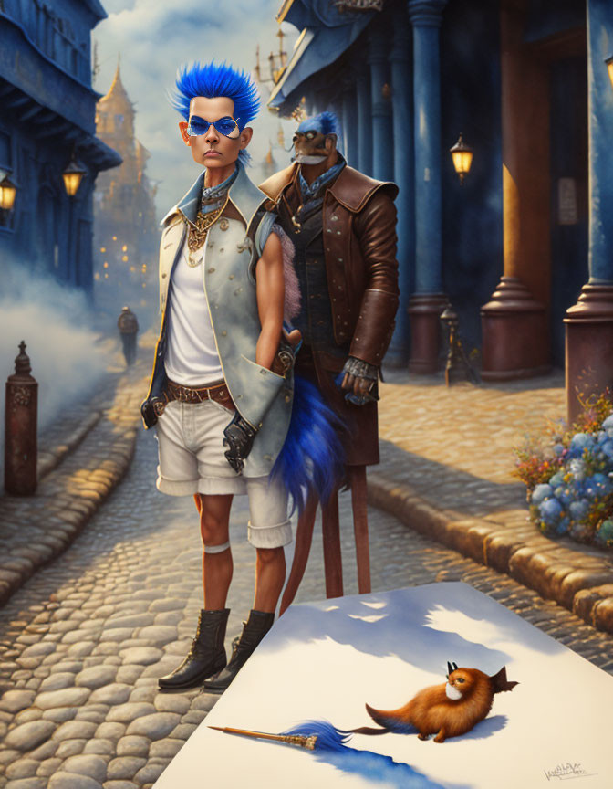 Blue-haired character and squirrel on cobblestone street with vintage buildings and mist