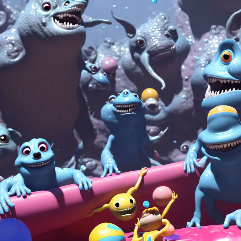 Cheerful blue creatures in vibrant animated scene