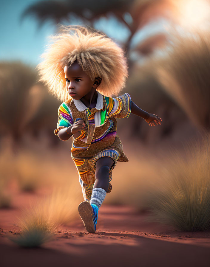 Child with Fluffy Hair Running on Sandy Path in Colorful Outfit