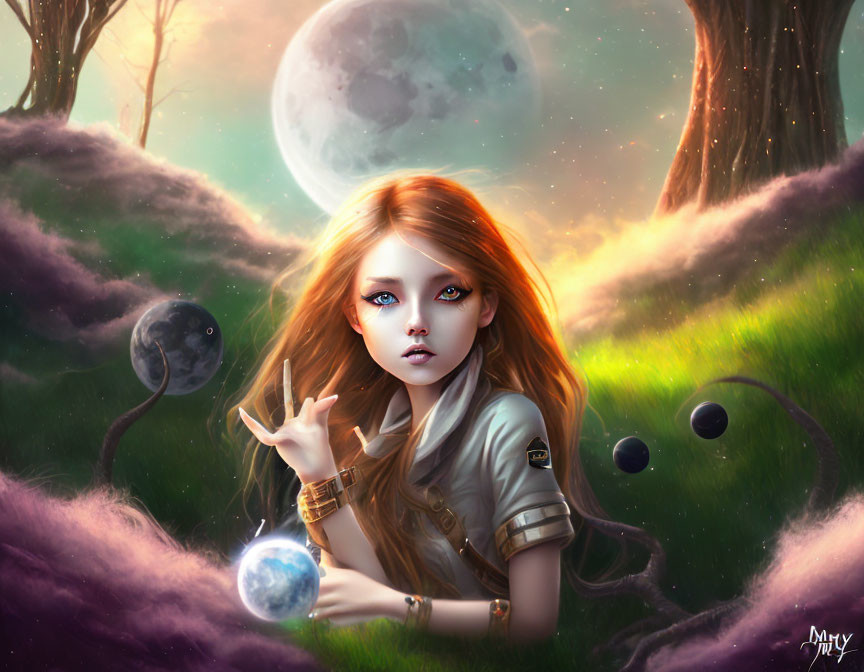 Fantasy female character with striking eyes levitating Earth under celestial backdrop