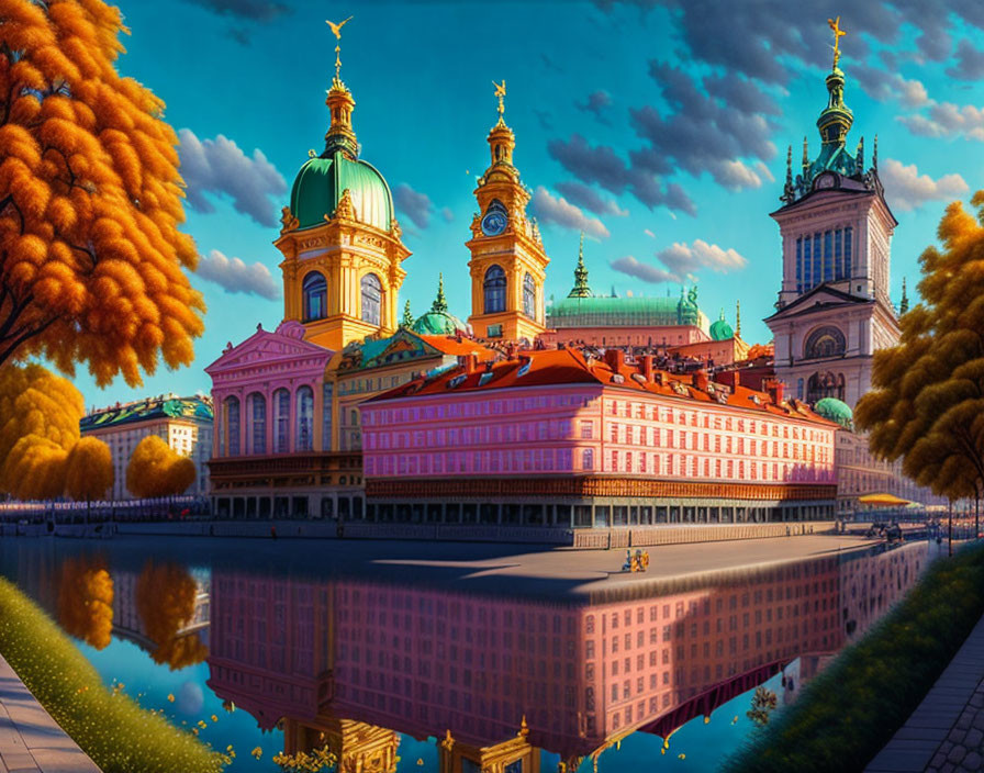 Baroque cityscape with reflections in still water