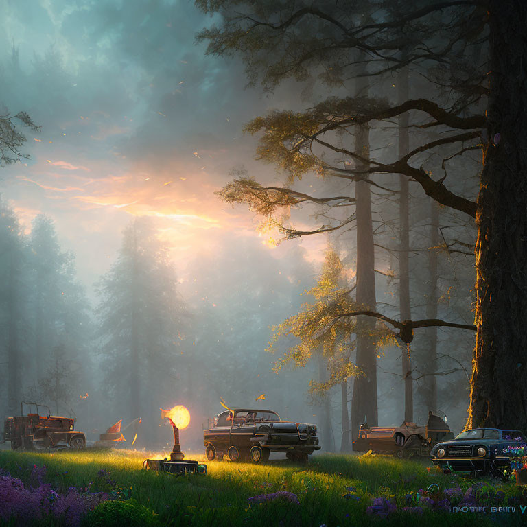 Vintage cars parked in serene forest scene at sunset with campfire and soft rays of light