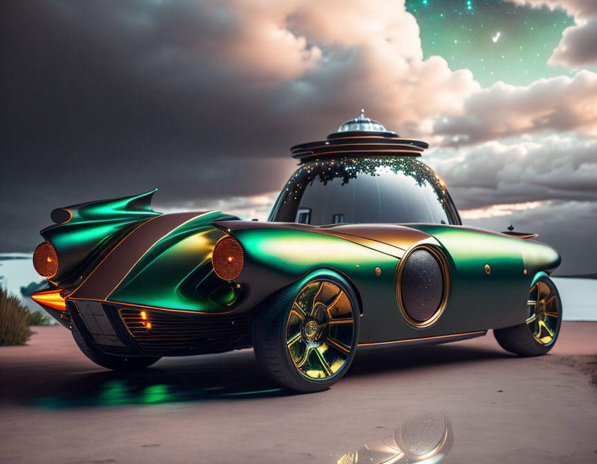 Futuristic green car with glowing wheels under aurora-lit dusk sky