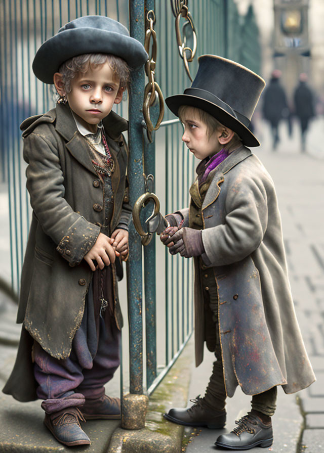 Vintage clothing children with hat and shackles, one at gate.