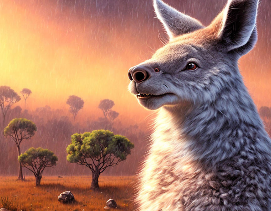 Smiling anthropomorphic wolf in savanna rain shower at sunset