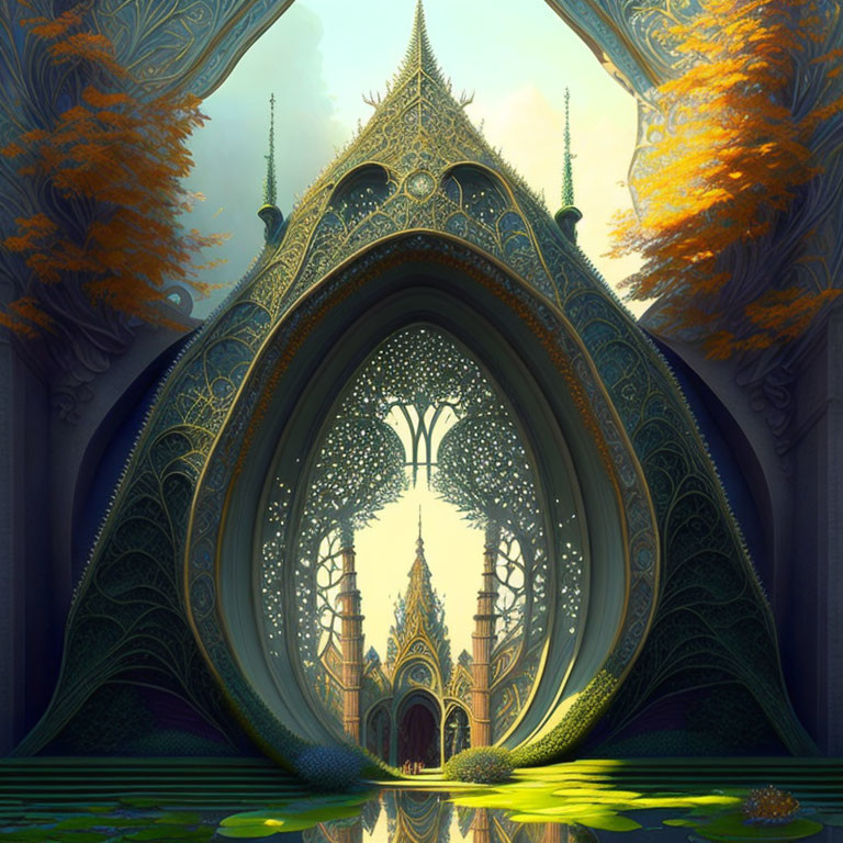 Golden Gate with Elaborate Designs in Mystical Forest Environment