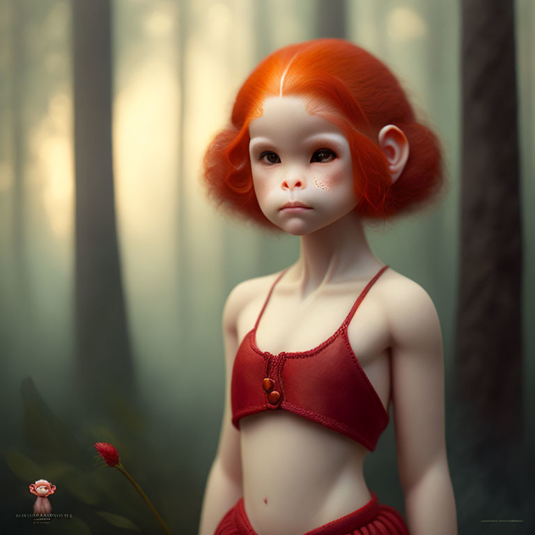 Illustration of young girl with red hair in misty forest