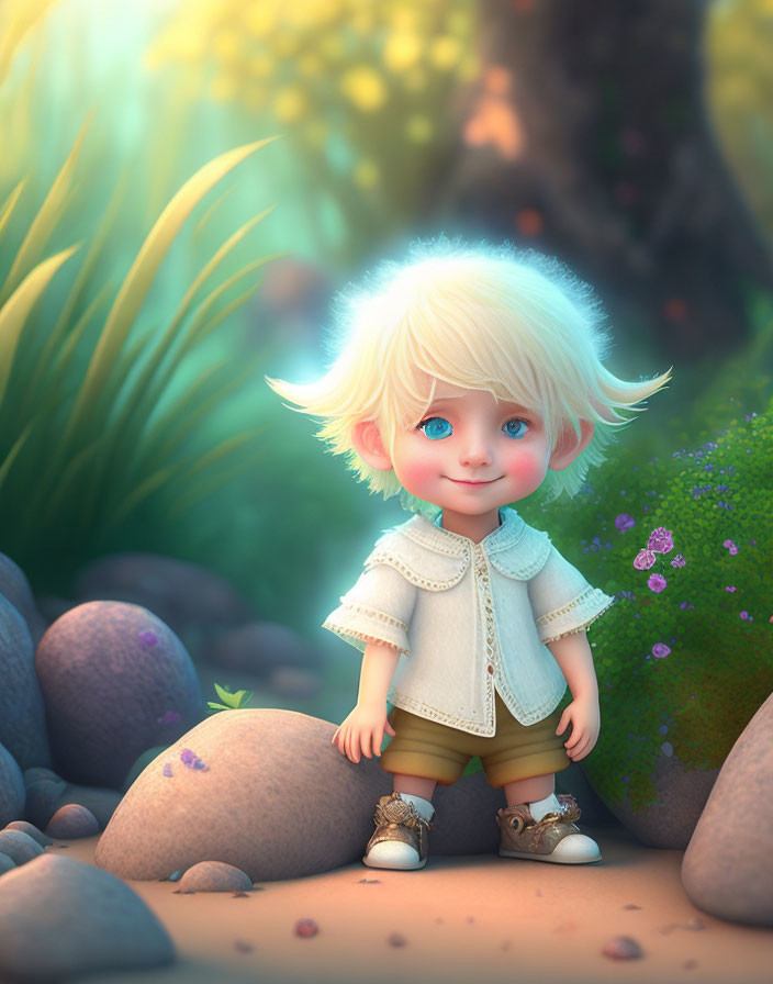 Blonde-Haired Child in Animated Forest Scene