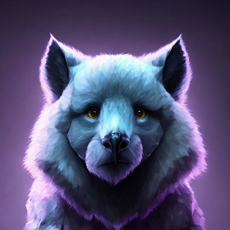 Stylized blue and purple fluffy animal with yellow eyes on purple background
