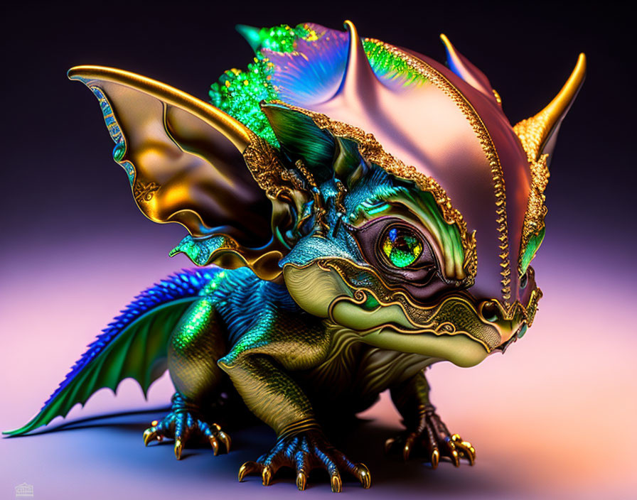 Fantasy dragon digital artwork with iridescent scales and golden accents