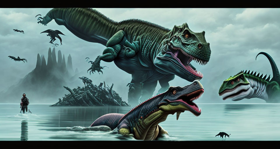 Vibrant digital artwork: Three colorful dinosaurs in misty water landscape