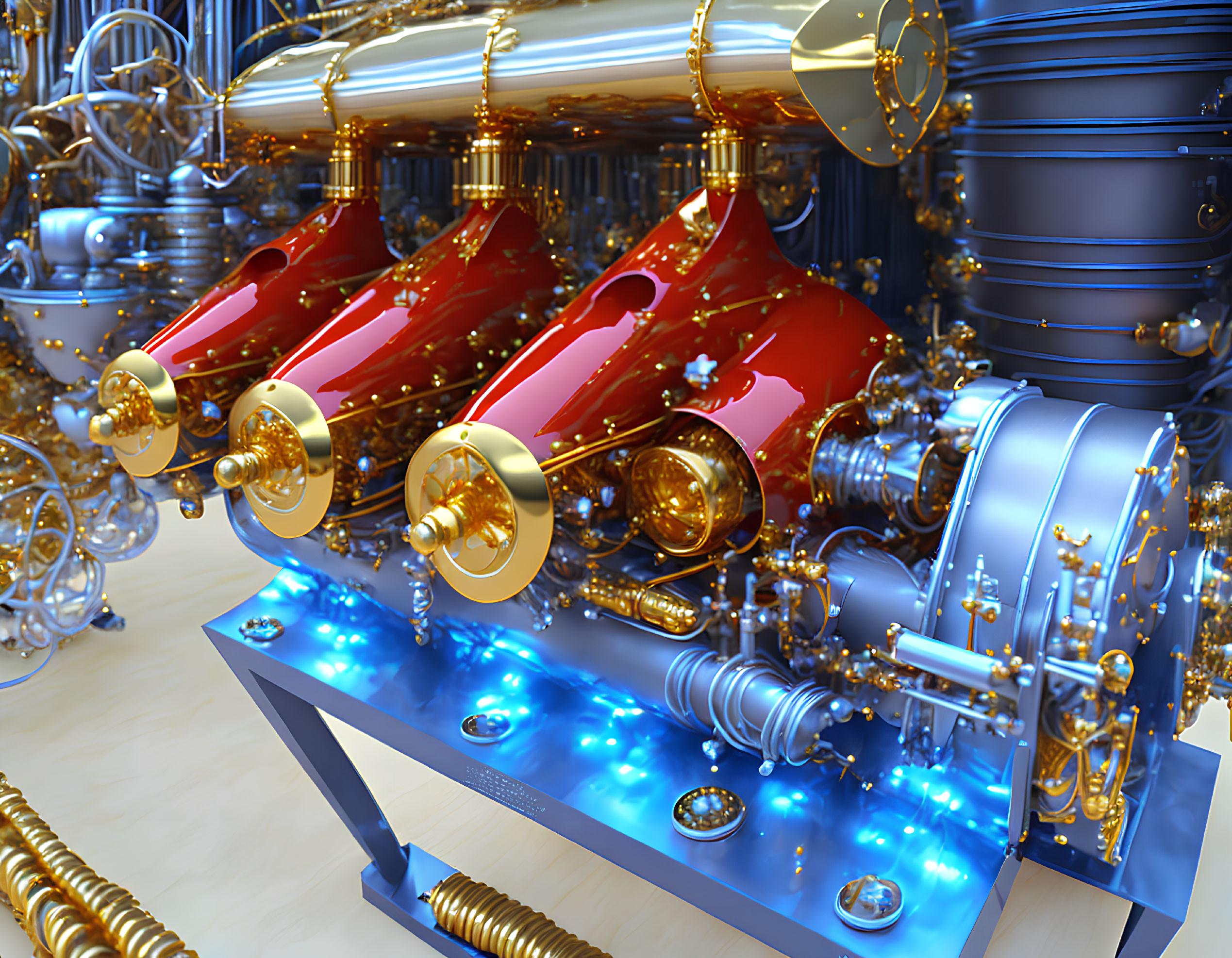 Futuristic 3D rendering of gold and red engine with blue lights