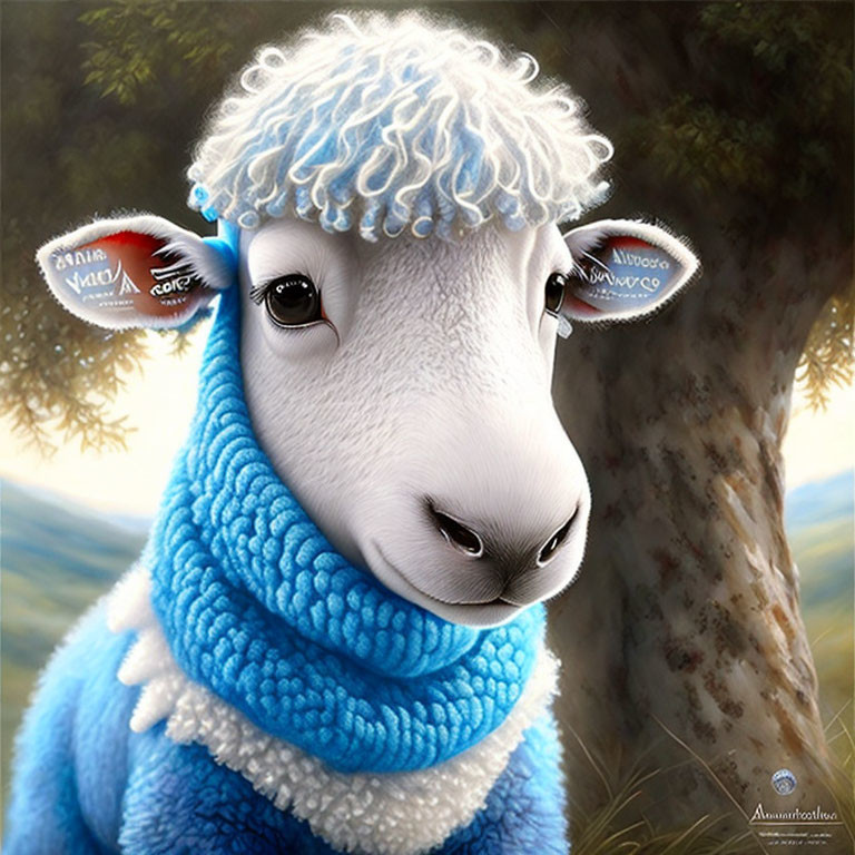 Whimsical cute sheep illustration with blue curly fleece and scarf