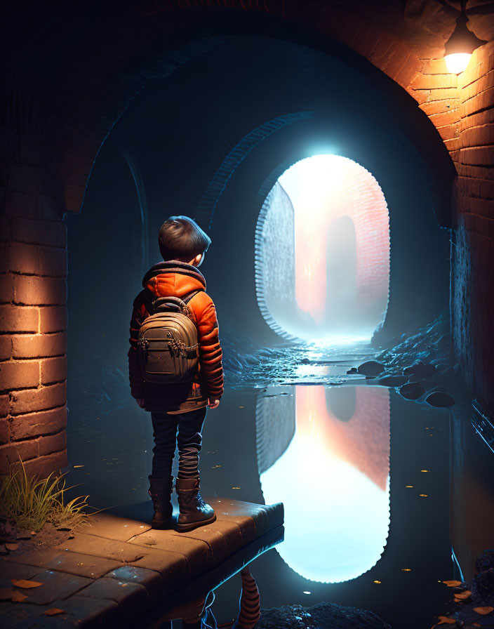 Child with backpack at edge of water-filled tunnel gazing towards light