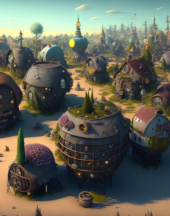 Whimsical fantasy village with spherical foliage-adorned houses