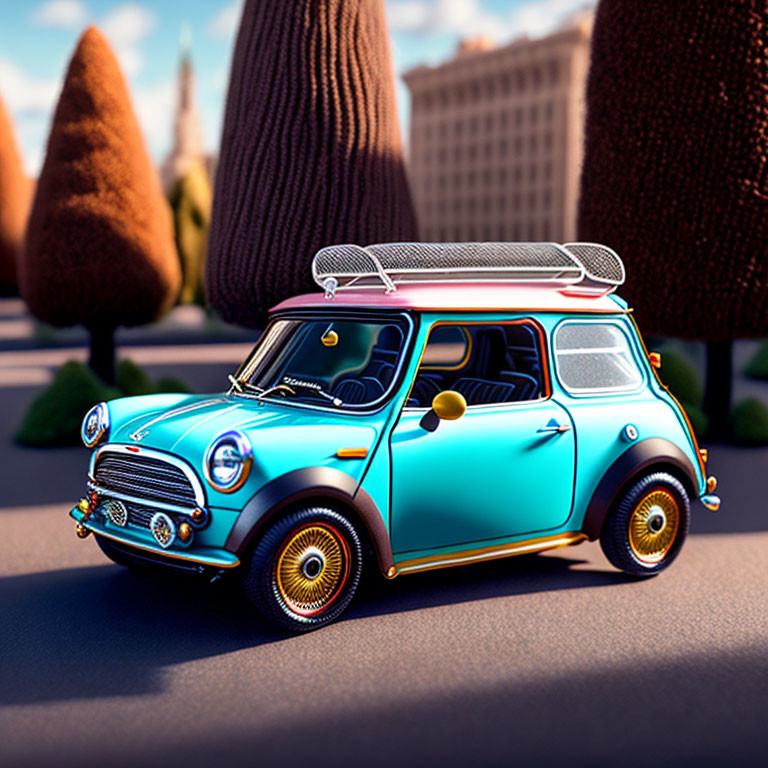 Vintage Mini Cooper in Turquoise and Gold on Street with Stylized Background