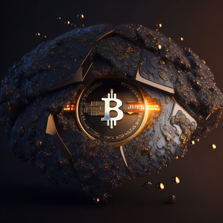 Fragmented Bitcoin symbol digital illustration with golden edges on dark background.