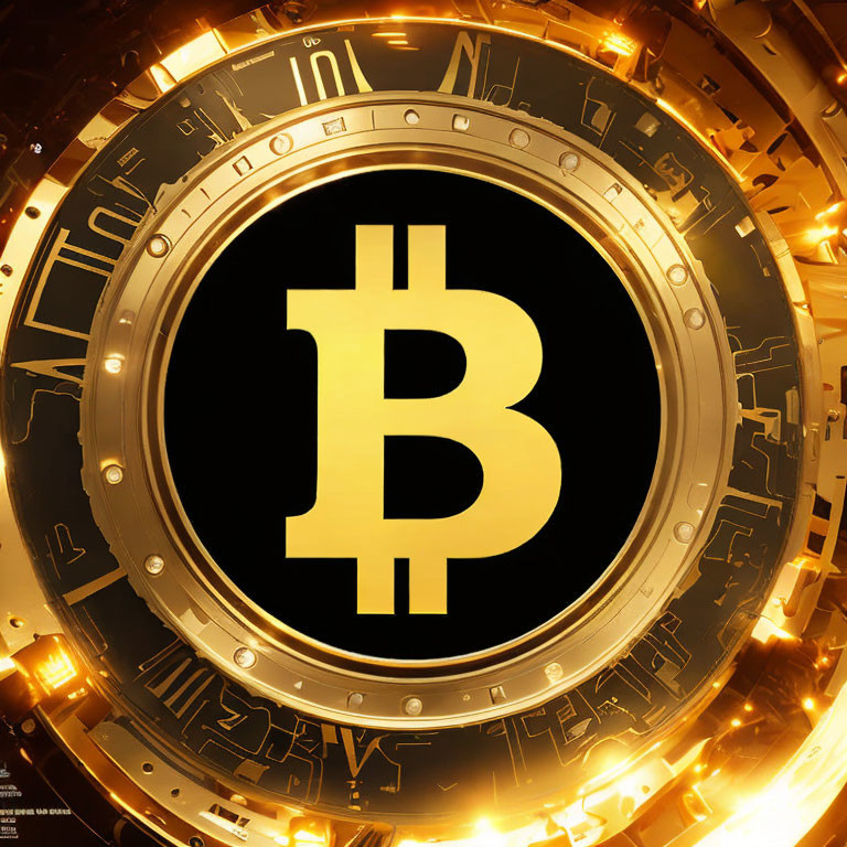 Golden Bitcoin Emblem in Futuristic Digital Interface