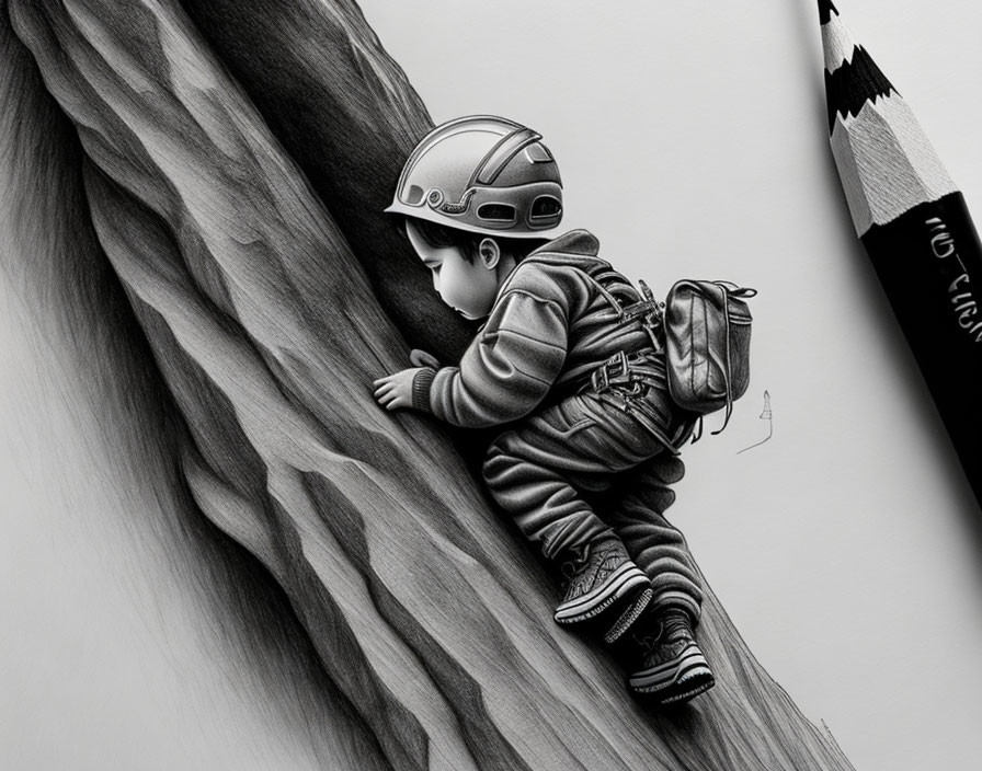 Monochromatic child climbing mountain merges with pencil landscape