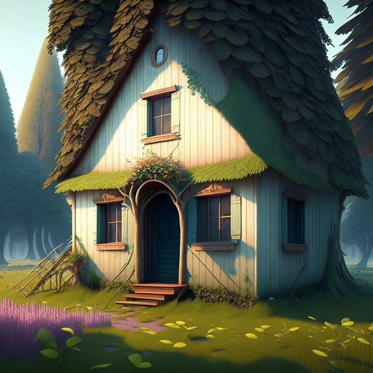 Illustration of whimsical fantasy cottage in lush forest clearing
