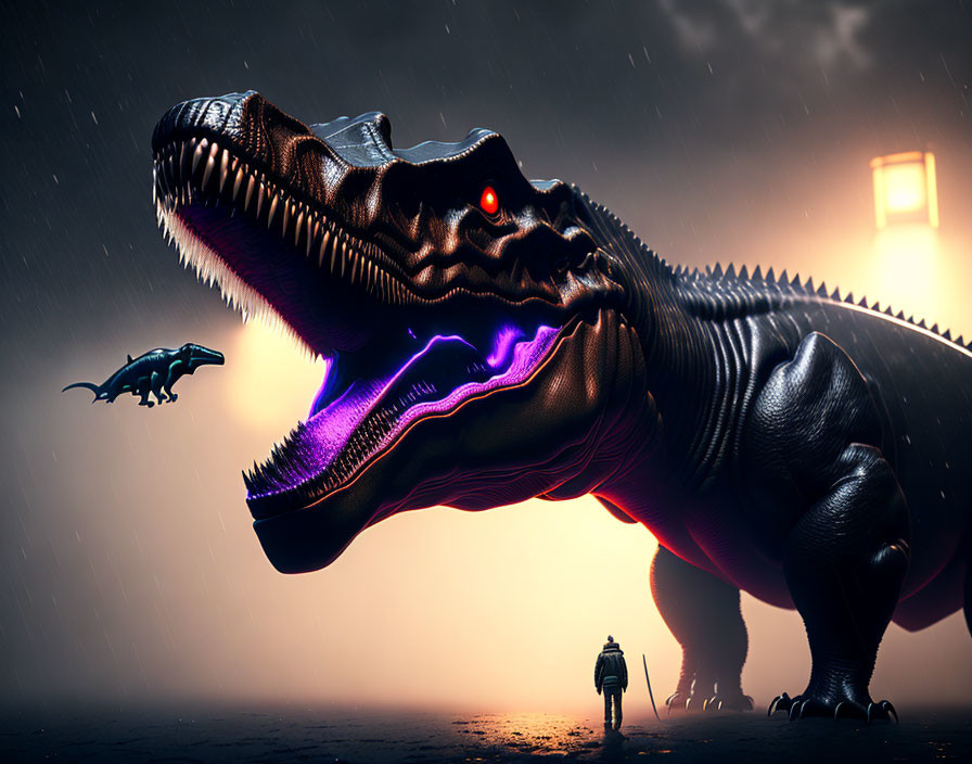 Bio-luminescent T-Rex confronts person in rain-soaked scene