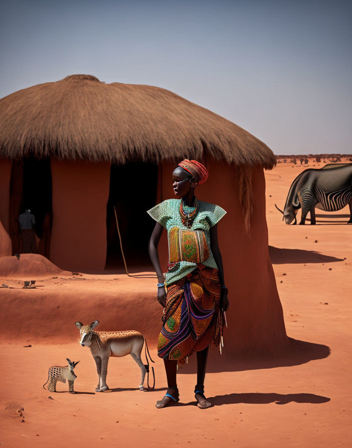 Colorful African Woman in Desert with Hut, Goat, and Cheetah Sculpture