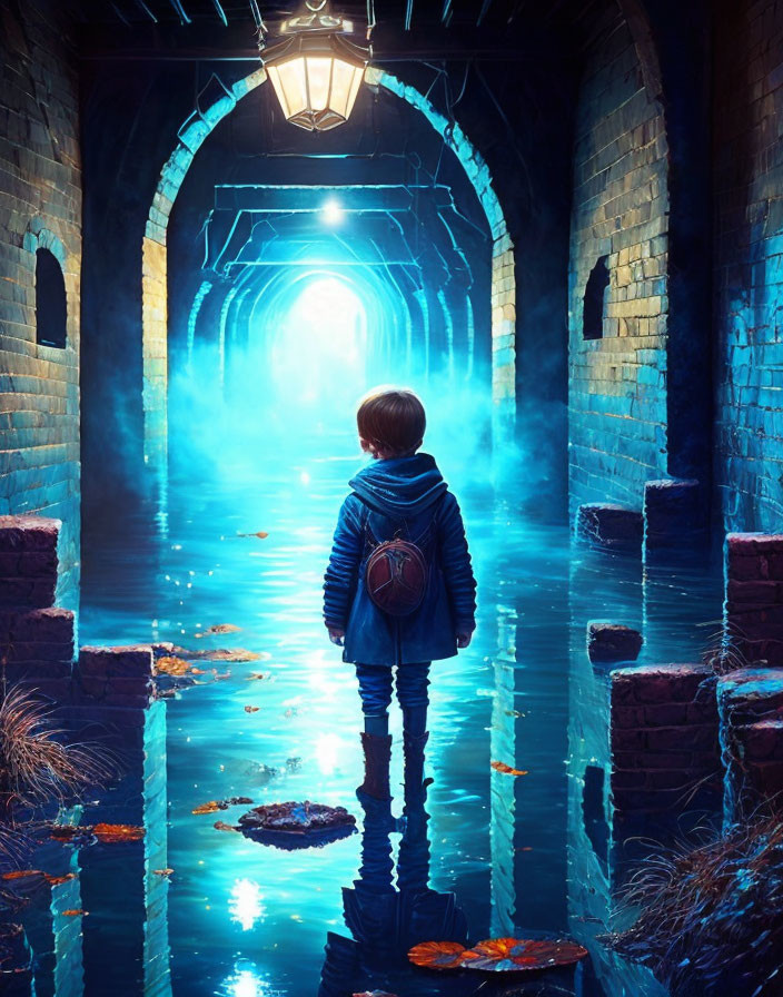 Child in Blue Jacket Stands in Flooded Tunnel with Mystical Blue Light