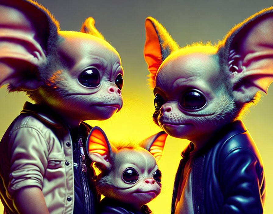 Anthropomorphic Creatures in Leather Jackets on Gradient Background