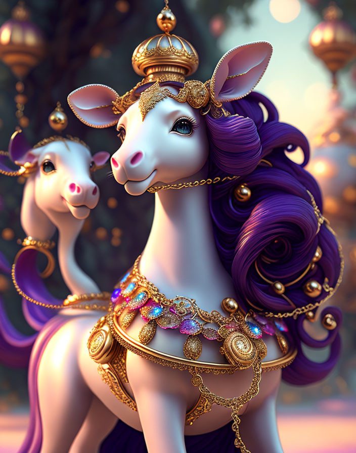 Stylized ornate deer with golden headdresses and jewelry in enchanted forest