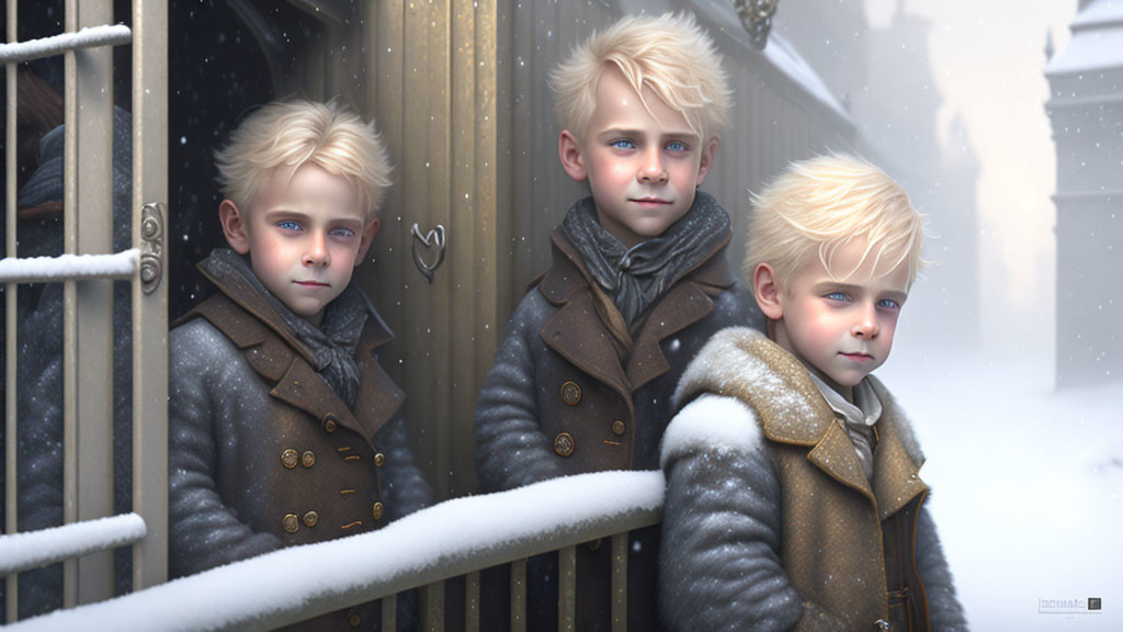 Three boys in winter coats by snowy fence