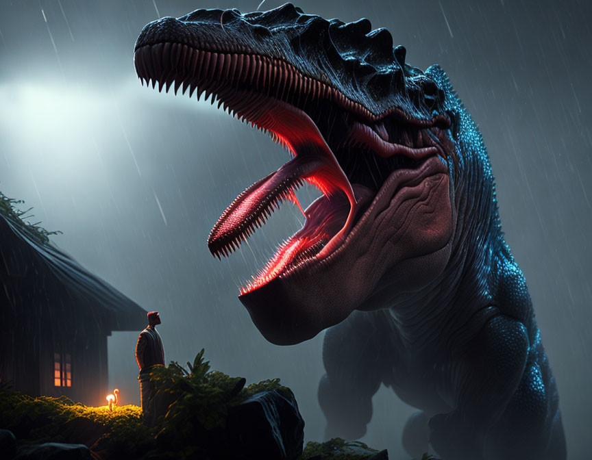 Person with torch faces giant Tyrannosaurus Rex in rainy night scene with small building