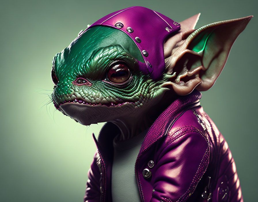 Green-skinned creature with large eyes in purple attire