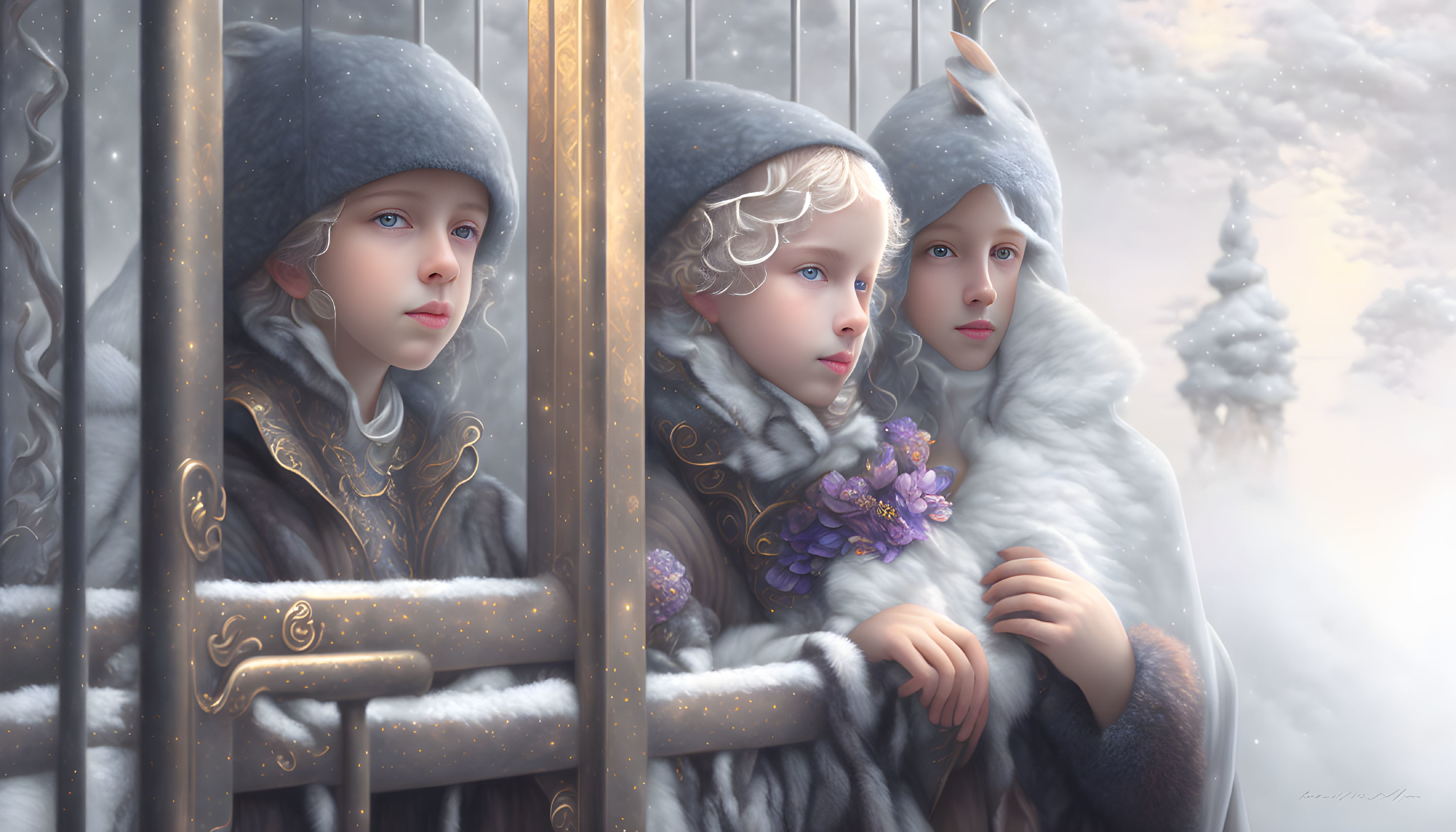 Children in winter clothing by ornate gate in snowy landscape