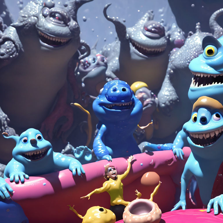 Colorful Animated Monsters Surround Human in Whimsical Scene