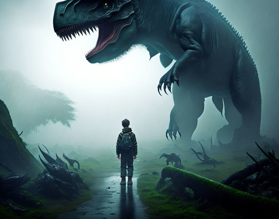 Foggy path scene with colossal dinosaur and smaller creatures