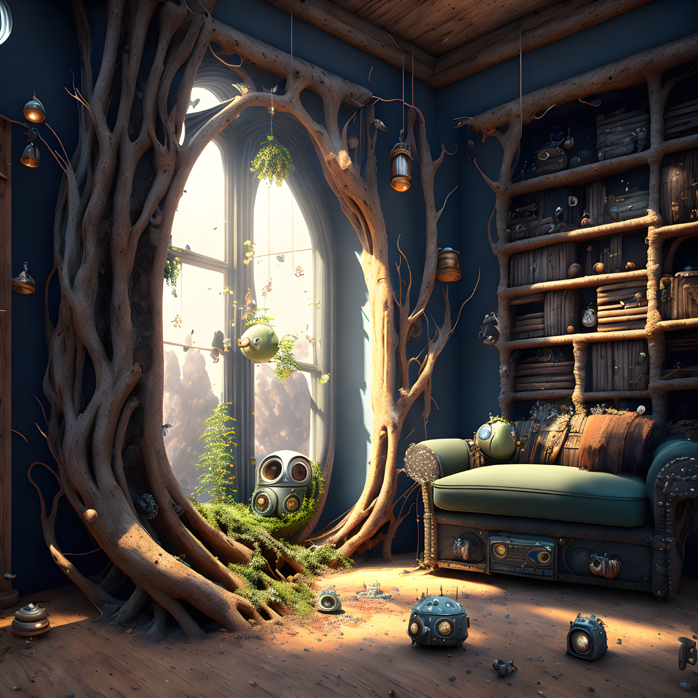 Whimsical room with tree window frame, bookshelves, sofa, lanterns, and robot