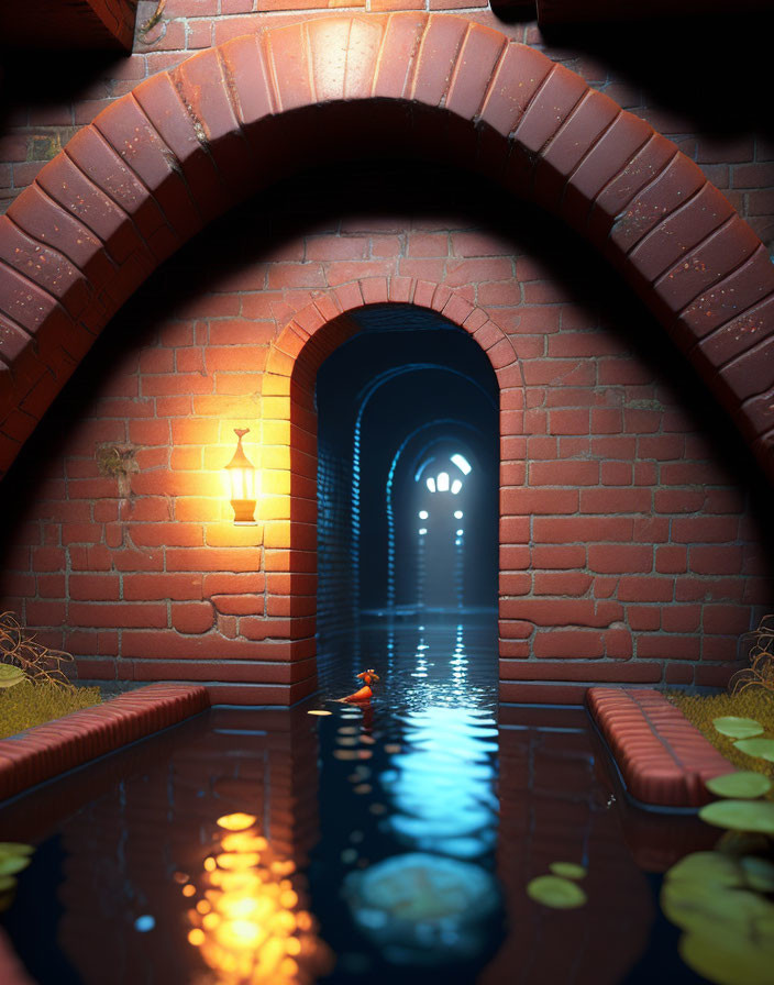Tranquil underground waterway with brick arches and small boat