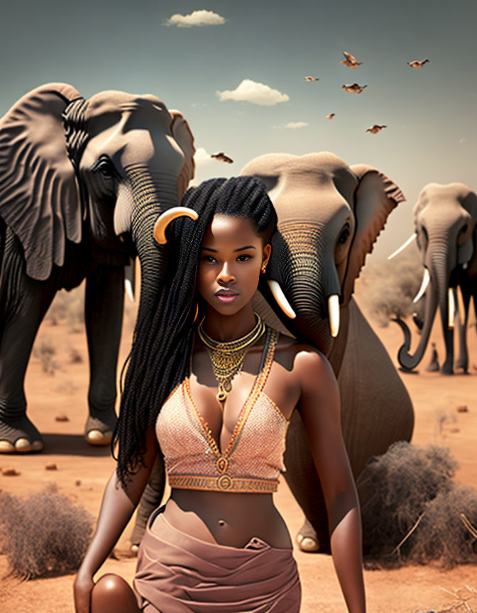 Braided hair woman in tribal jewelry with elephants in savannah