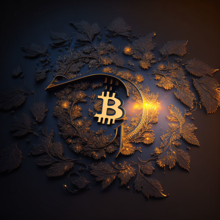 Luxurious Dark Setting with Illuminated Bitcoin Symbol and Ornate Leaves