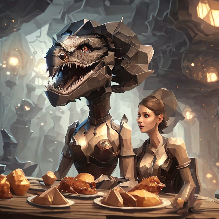 Woman with mechanical dinosaur and pastries in dimly lit room