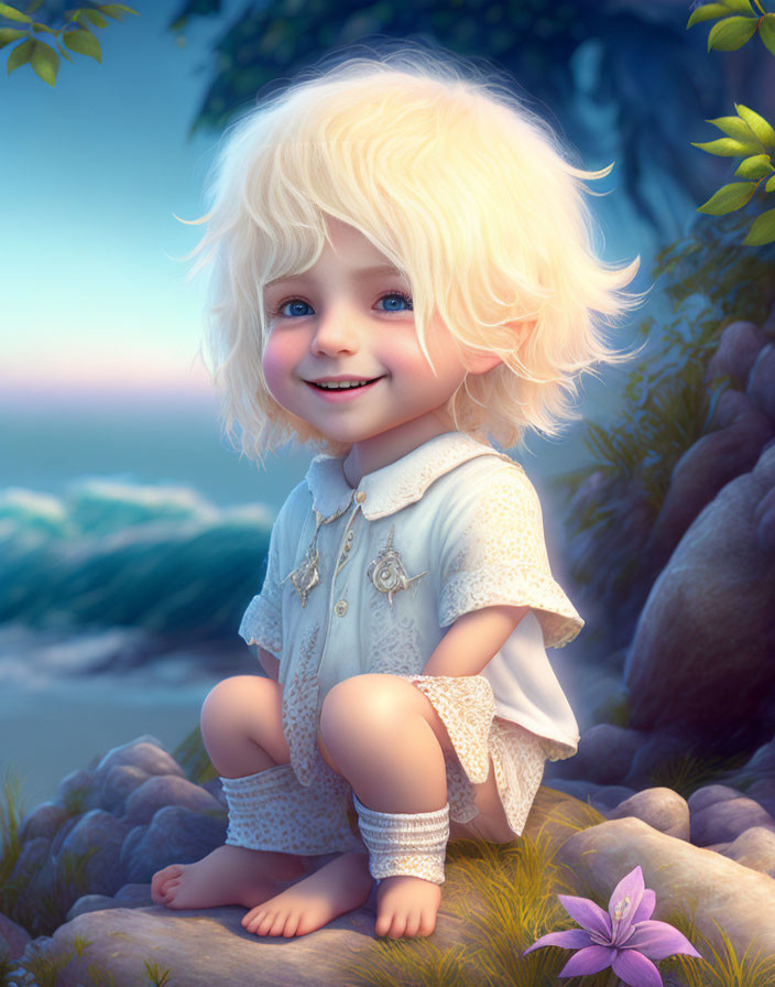 Curly Blond Toddler in Vintage Outfit by Tranquil Sea