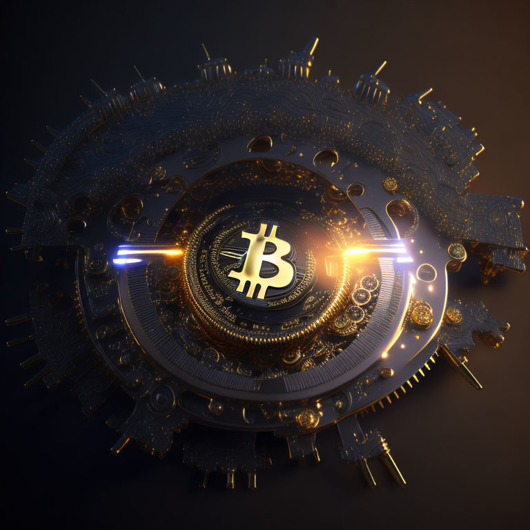 Detailed 3D rendering of intricate mechanical gear system with glowing Bitcoin symbol