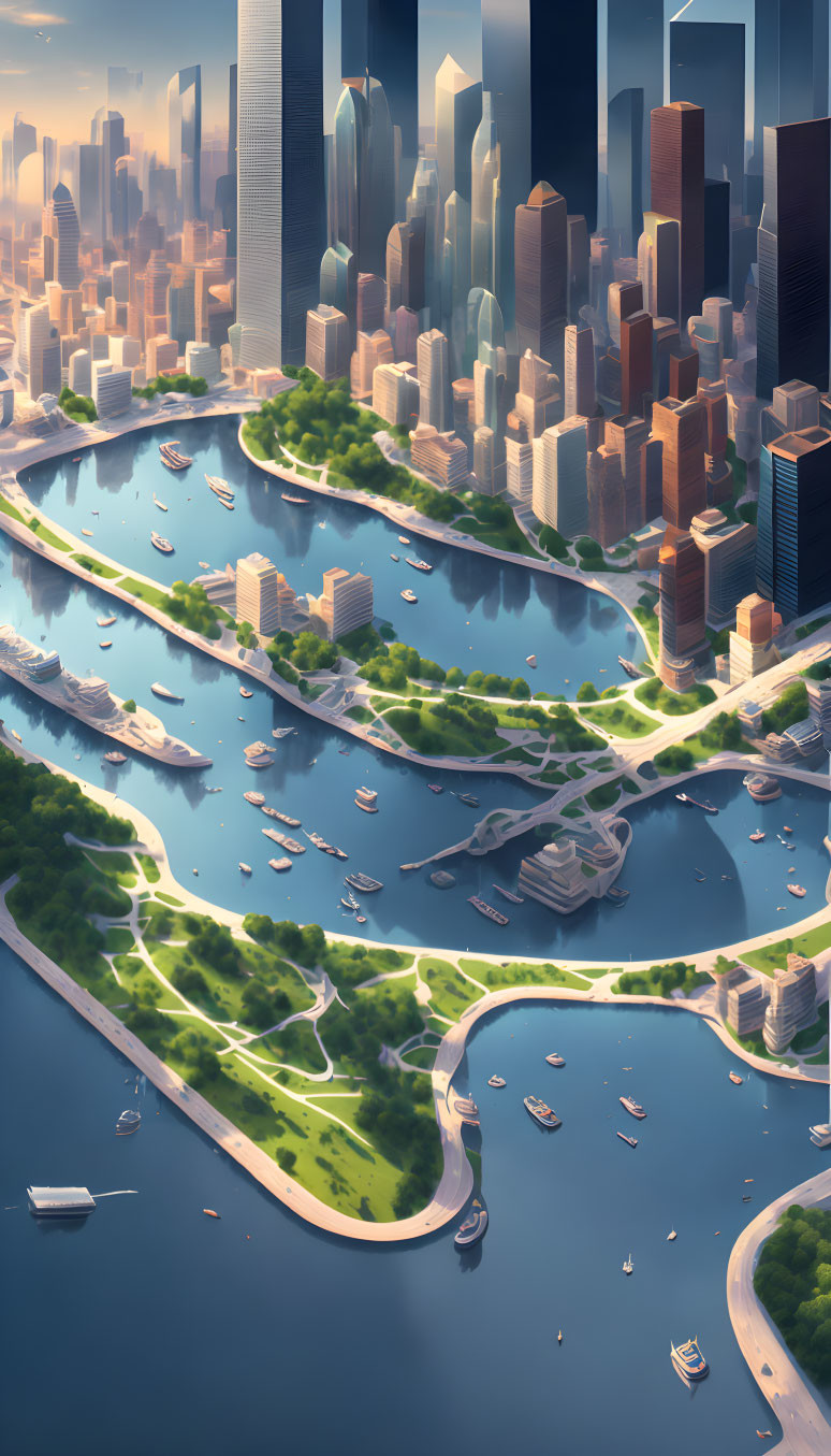 Futuristic cityscape with skyscrapers, river, boats, parks, and blue sky