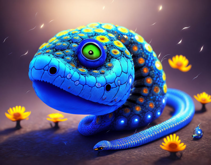 Vibrant digital artwork: Blue chameleon with green eyes on purple background