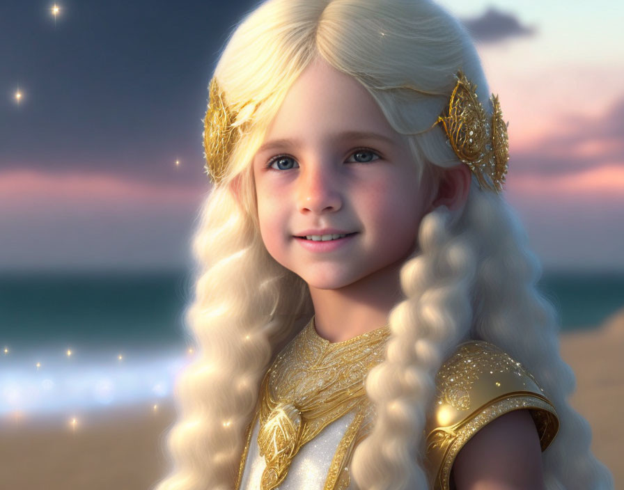 Blonde Curly-Haired Girl in Golden Attire on Beach at Twilight