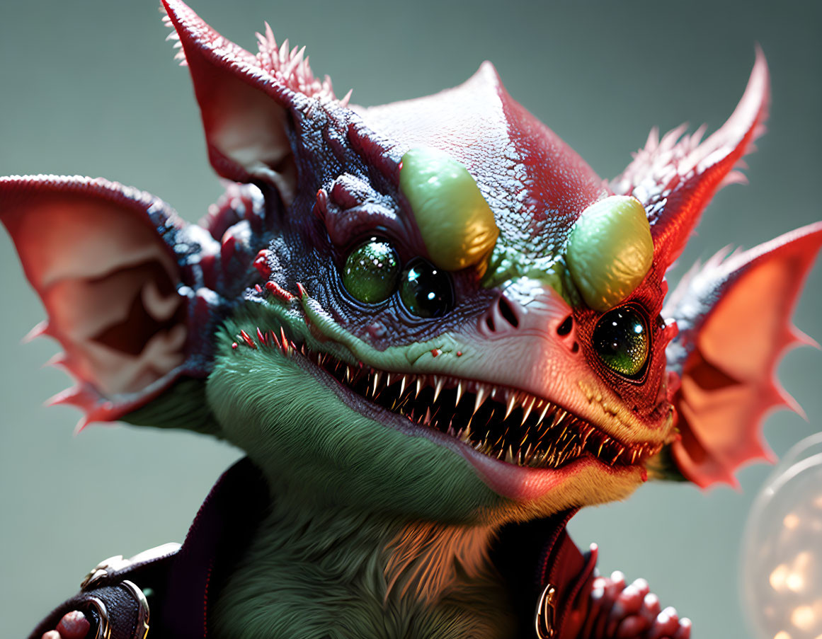 Fantastical creature with large glossy eyes, sharp teeth, red spiky skin, and bat