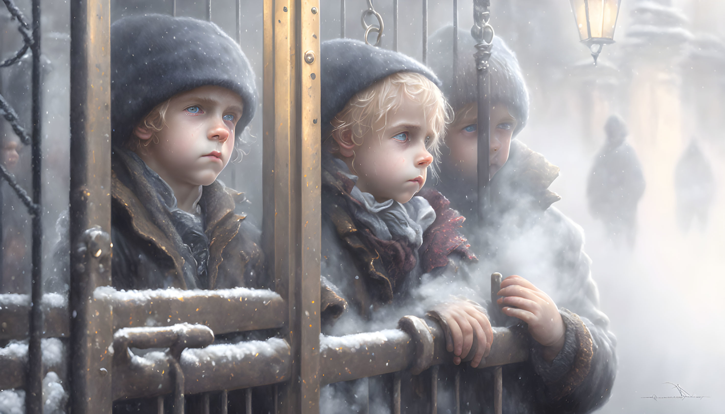 Children in winter clothing looking through snowy gate with curious expressions