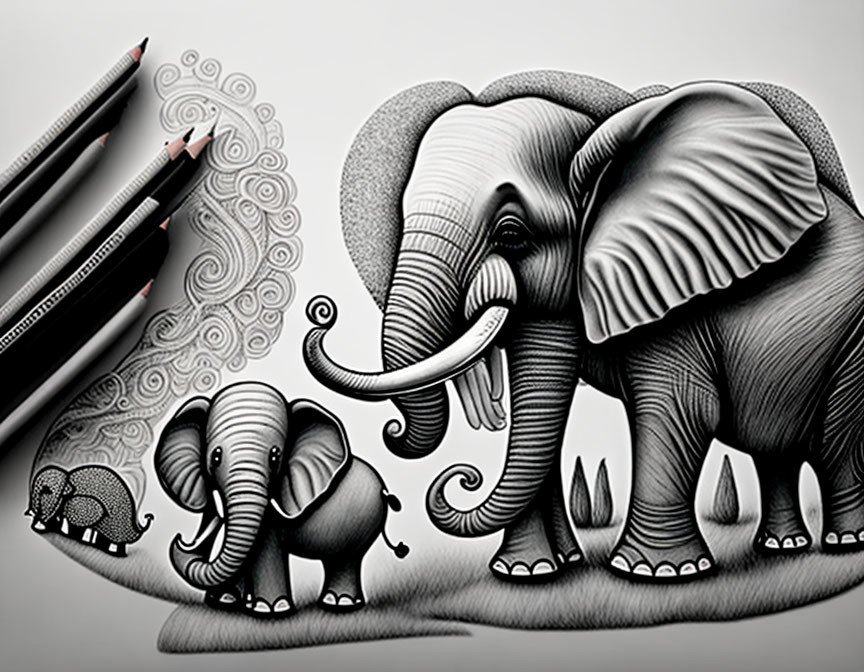 Stylized elephant family illustration with pencil motifs and intricate swirl patterns