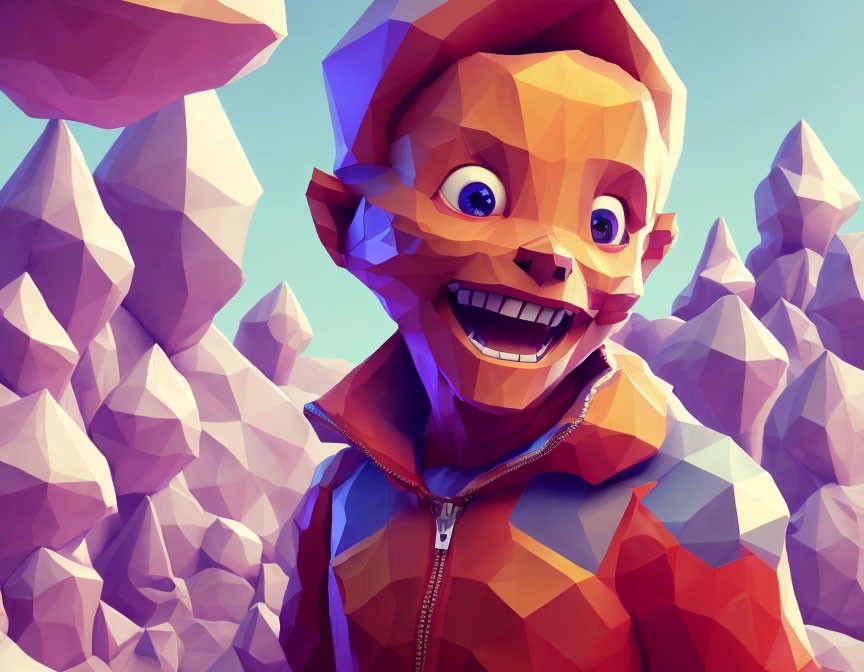 Stylized 3D illustration: Boy with exaggerated smile in purple crystal landscape
